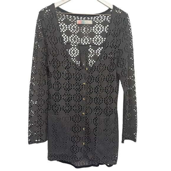 Free People Beach Crochet Cardigan Swim Coverup Womens Large Gray Button Up Boho - Picture 1 of 4